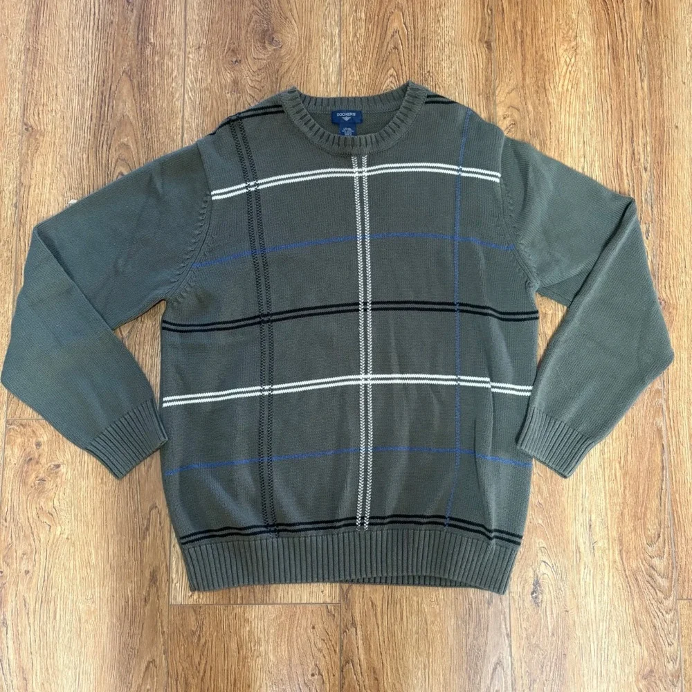 90s Dockers Mens L Tall LT Olive Green Plaid Cotton Crewneck Sweater Knit preppy